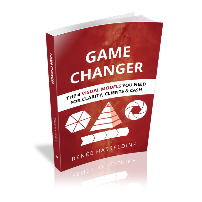 Cover of Renee Hasseldine's second book "Game Changer: The 4 Visual Models You Need For Clarity, Clients & Cash by Renee Hasseldine"