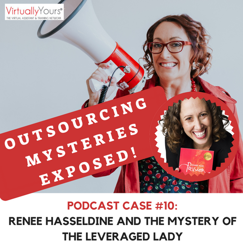 An image of Rosie Shilo with a megaphone with the title "Outsourcing Mysteries Exposed" with a picture of Renee Hasseldine holding a copy of her first book in a circle. Beneath is the title "Podcast Case #10: Renee Hasseldine and the Mystery of the Leveraged Lady"